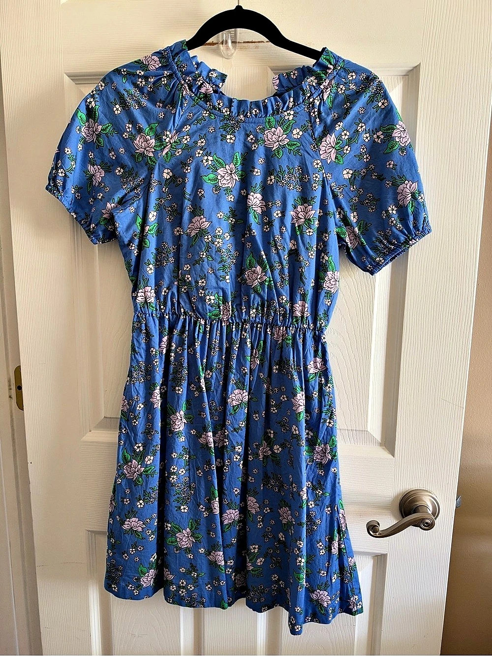 J.Crew Puff Sleeve Tie-Back Cotton Mini Dress Floral Blue Size OO